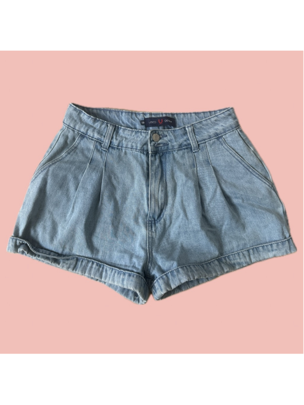 Vintage Used U Denim Shorts Size 10 High Waisted Pleated Light Wash